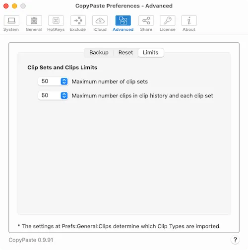 CopyPaste - Limits Prefs